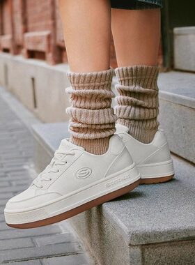 Skechers斯凯奇女士秋季轻质吸震缎步皮革拼接舒适休闲板鞋177770