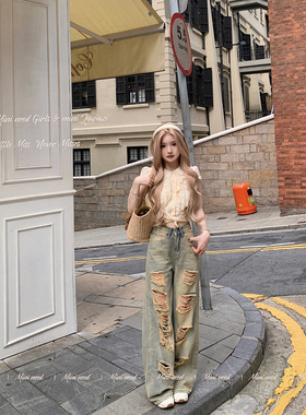 Minineed「感觉至上」高腰破洞牛仔裤宽松显瘦拉长比例休闲长裤