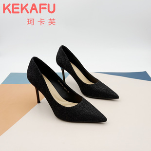 珂卡芙黑色高跟鞋女细跟9CM2025秋新款气质星光闪闪宴会女神单鞋