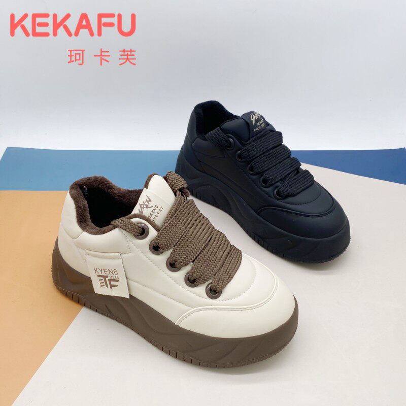 珂卡芙高帮板鞋女厚底面包鞋2023冬季新款运动休闲鞋加绒加厚棉鞋