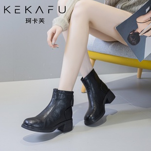 珂卡芙短靴女2025冬新品粗跟软底圆头瘦瘦靴英伦风小短靴舒适靴子