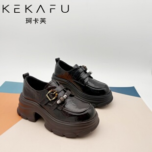 珂卡芙粗跟增高乐福鞋女款2026春季新款厚底高跟单鞋英伦风小皮鞋