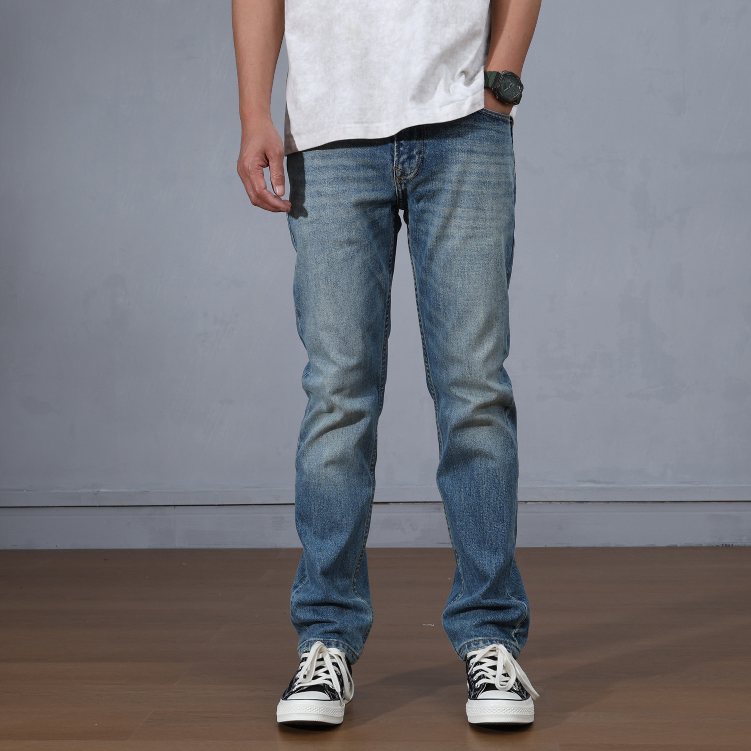 高端潮牌刺绣牛仔裤男四季款修身小直筒经典蓝色无弹休闲舒适长裤