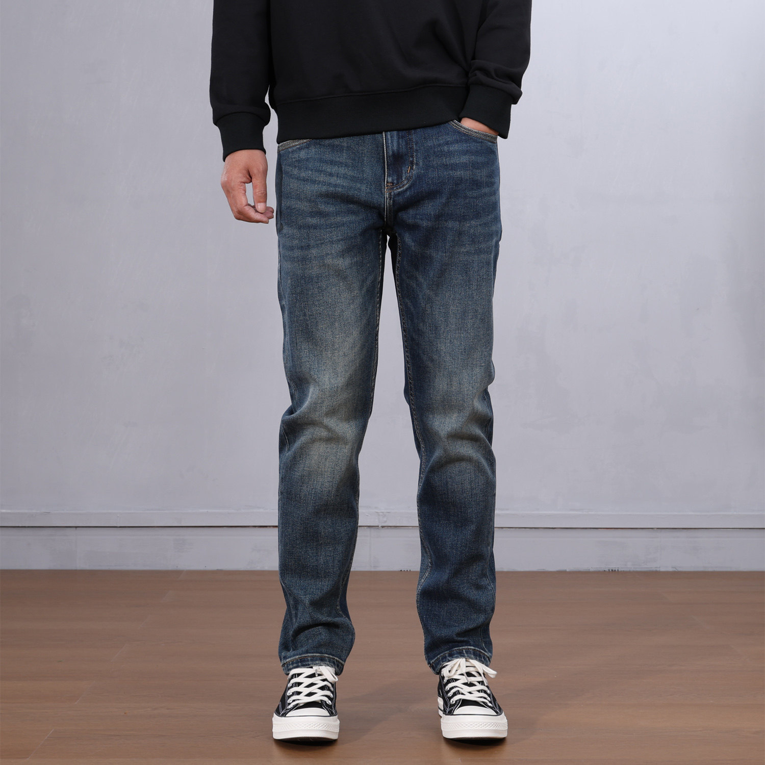 港风复古修身不紧身牛仔裤男秋冬季厚款深蓝色小直筒长裤简约百搭