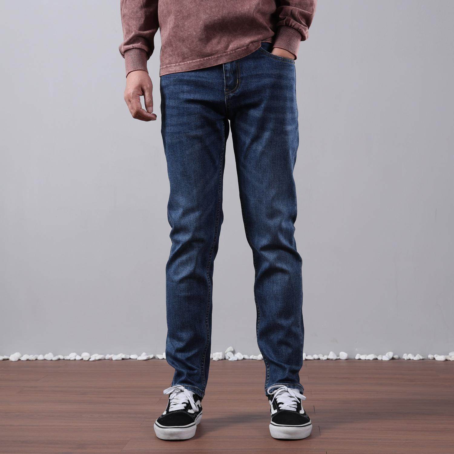 春季新款深蓝色合体小直筒牛仔裤男士时尚休闲百搭弹力水洗男裤子