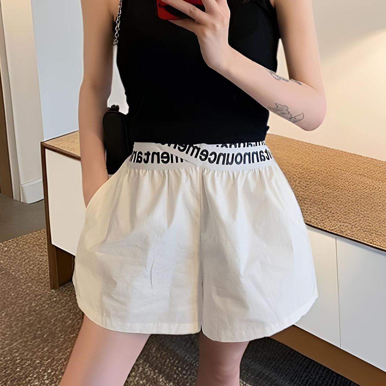 高腰短裤女薄款夏季设计感松紧腰阔腿裤子显瘦百搭运动宽松休闲裤