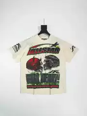 Hellstar Hellstar Off-White Helmet American High Street Fashion Brand Retro Washed and Distressed Short-Sleeved T-Shirt