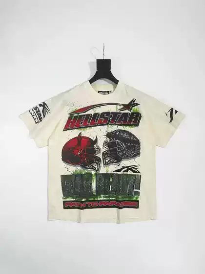 Hellstar Hellstar Off-White Helmet American High Street Fashion Brand Retro Washed and Distressed Short-Sleeved T-Shirt