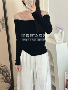 2026年欧货正品V领网纱烫钻精致中式长袖植绒上衣