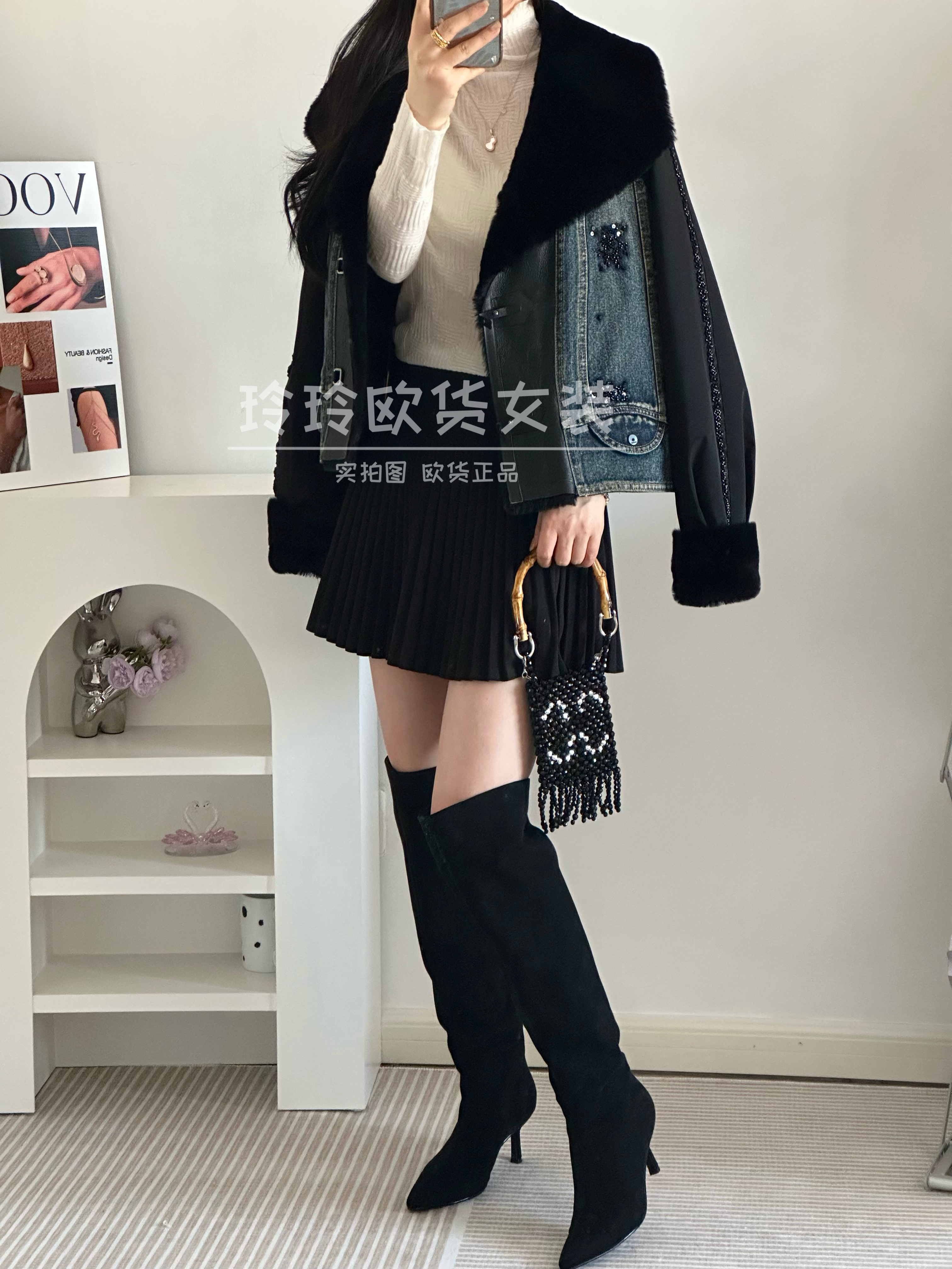 2025欧货高品质大翻毛领拼接重工订珠片牛仔皮毛一体羽绒服外套