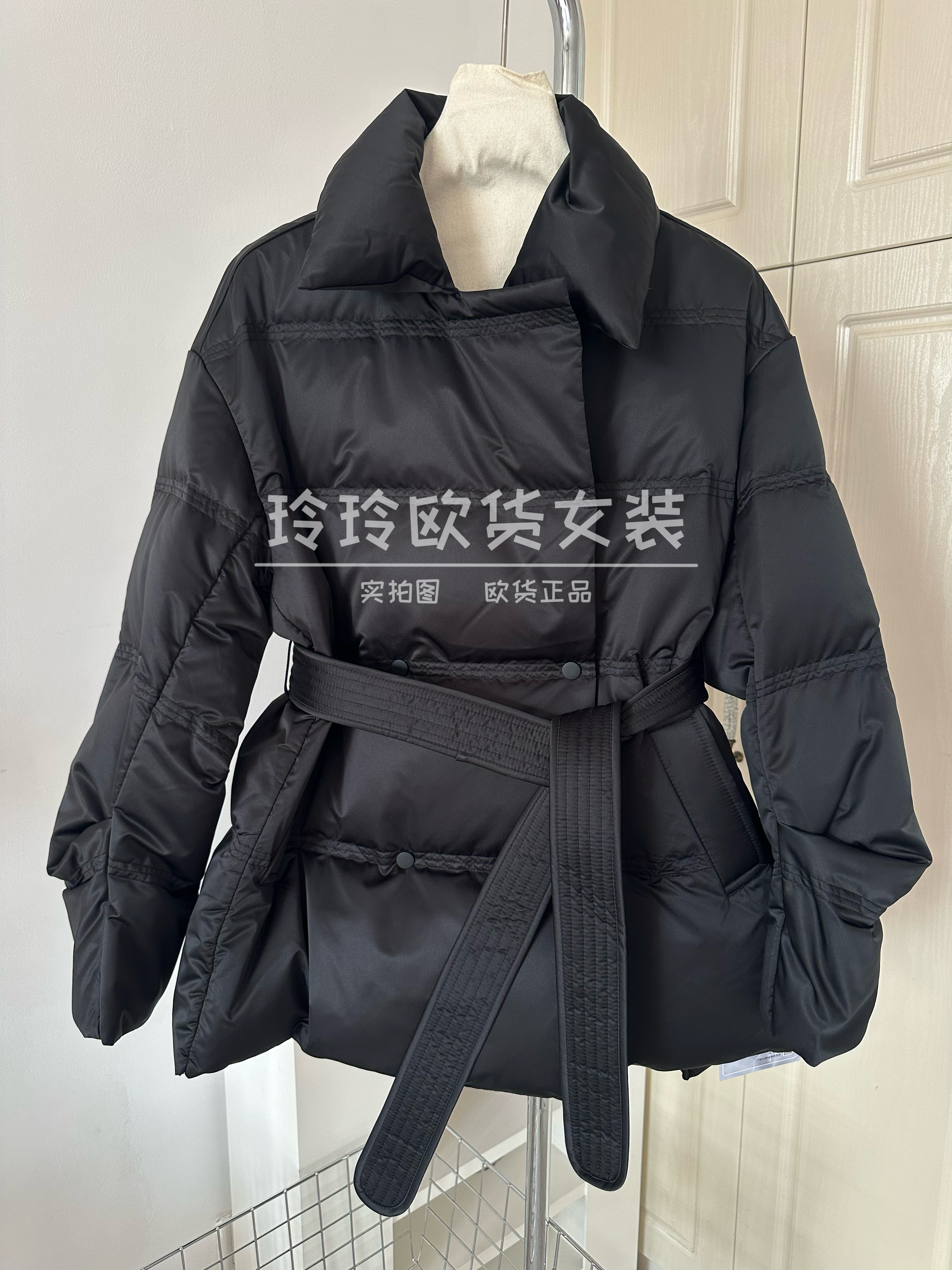 2025欧货新款高品质翻领双排扣系带真丝95白鹅绒羽绒服外套