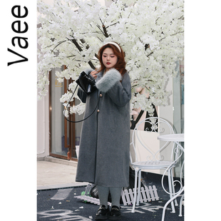 Vaee大码女装高级感灰色羊绒大衣胖mm加厚夹棉毛毛袖气质毛呢外套