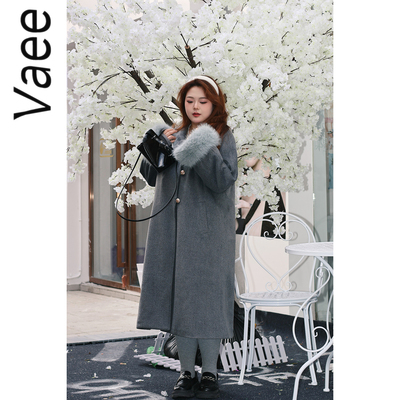 Vaee大码女装高级感灰色羊绒大衣胖mm加厚夹棉毛毛袖气质毛呢外套