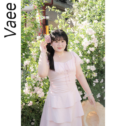 Vaee大码女装气质方领收腰连衣裙夏季胖mm法式收腰显瘦荷叶边裙子