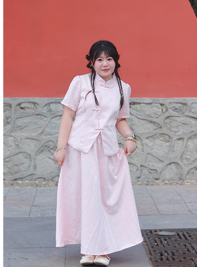 Vaee大码女装新中式气质提花旗袍上衣两件套早秋胖mm高腰半身裙