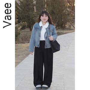 Vaee大码女装设计感交叠门襟夹克上衣早春胖mm短款水洗牛仔蓝外套