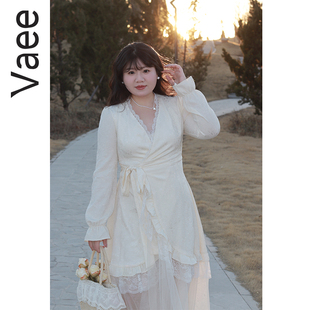 Vaee大码 蕾丝拼接网纱连衣裙早春胖mm气质绑带收腰仙女裙长裙 女装