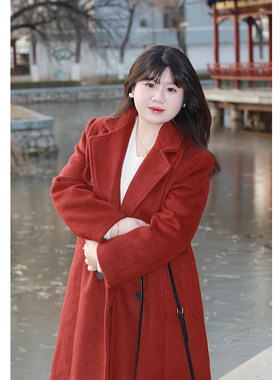 Vaee大码女装高级感加厚呢子大衣胖mm红色新年装宽松直筒长款外套