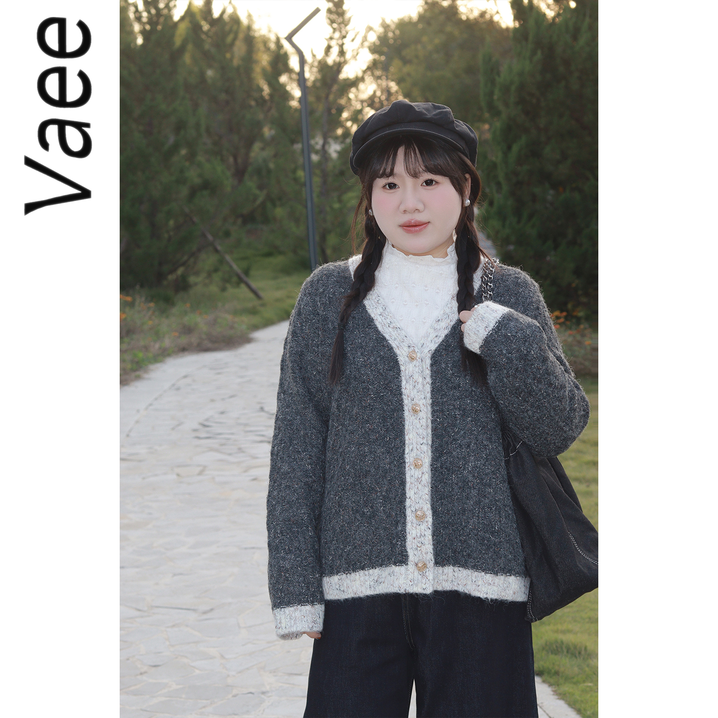 Vaee大码女装撞色V领针织开衫秋冬新款胖mm气质显瘦百搭上衣外套