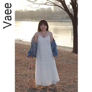 Vaee大码女装蕾丝连衣裙春季新款胖mm度假风气质慵懒V领吊带长裙