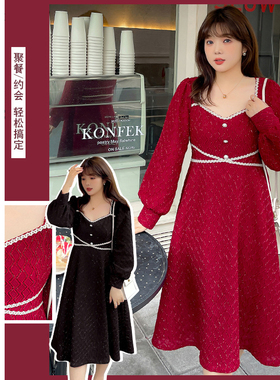 Vaee大码女装冬季红色圣诞连衣裙胖妹妹收腰显瘦礼服裙子女年会