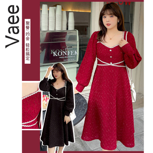 Vaee大码女装冬季红色圣诞连衣裙胖妹妹收腰显瘦礼服裙子女年会