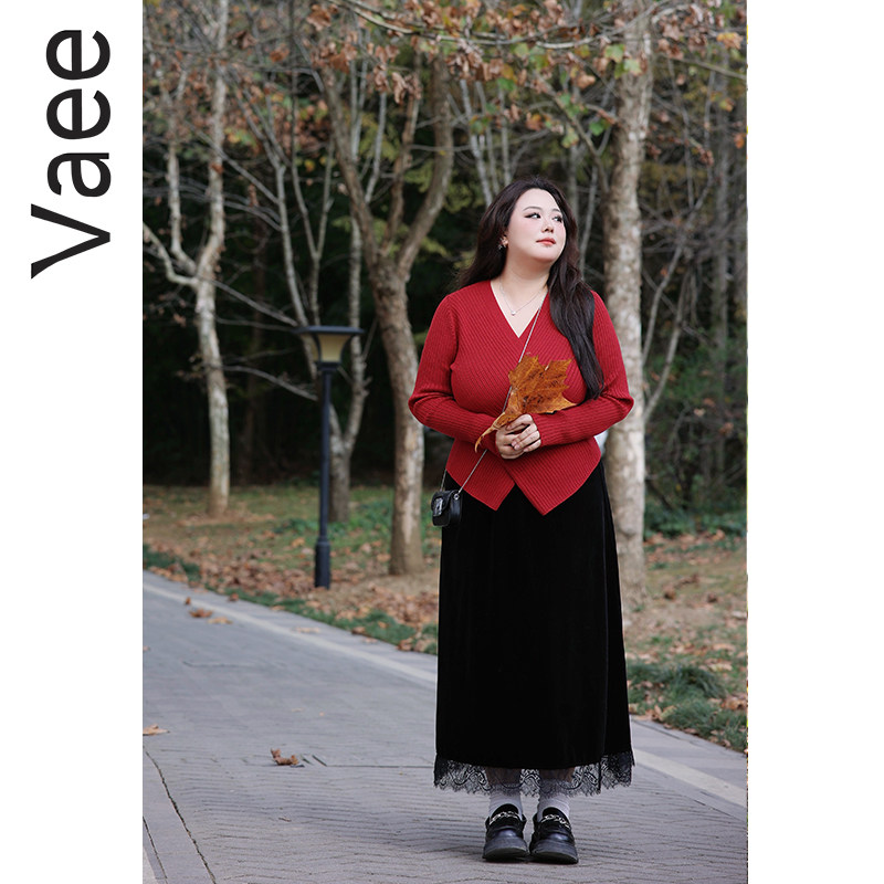Vaee大码女装丝绒蕾丝拼接半身裙冬季胖mm黑色气质百搭a字裙长裙,女装/女士精品,大码半身裙,淘宝优惠券,粉丝福利购,淘宝优惠卷
