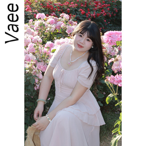 Vaee大码女装法式复古连衣裙荷叶边蛋糕长裙气质高级感收腰公主裙
