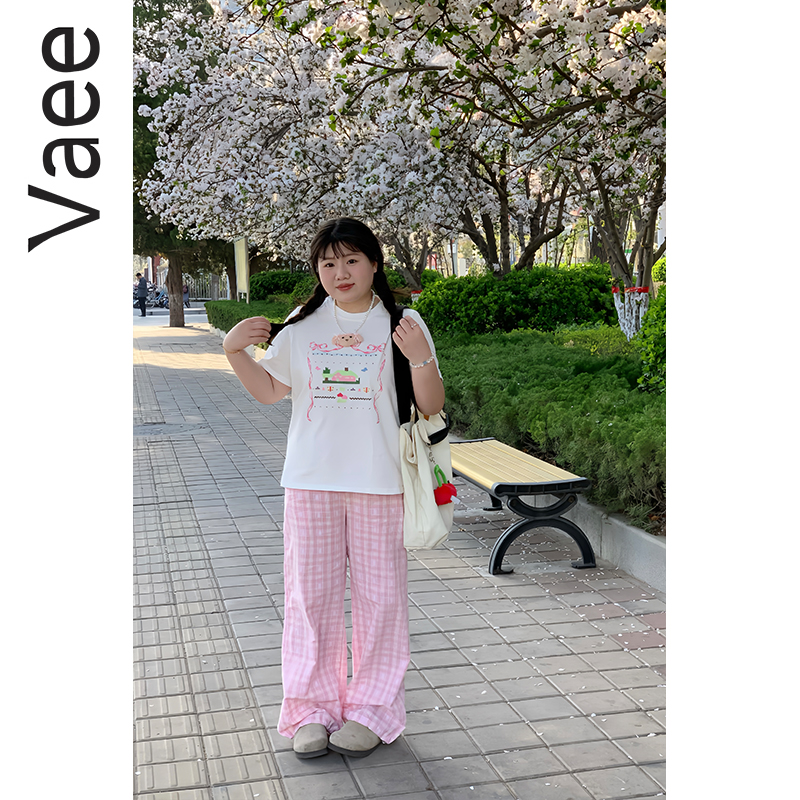 Vaee大码女装高腰格纹撞色阔腿裤长裤夏季胖mm宽松显瘦百搭休闲裤