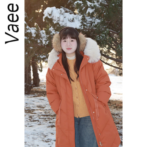 Vaee大码女装过膝长款羽绒服冬季新款加厚保暖百搭连帽毛领外套