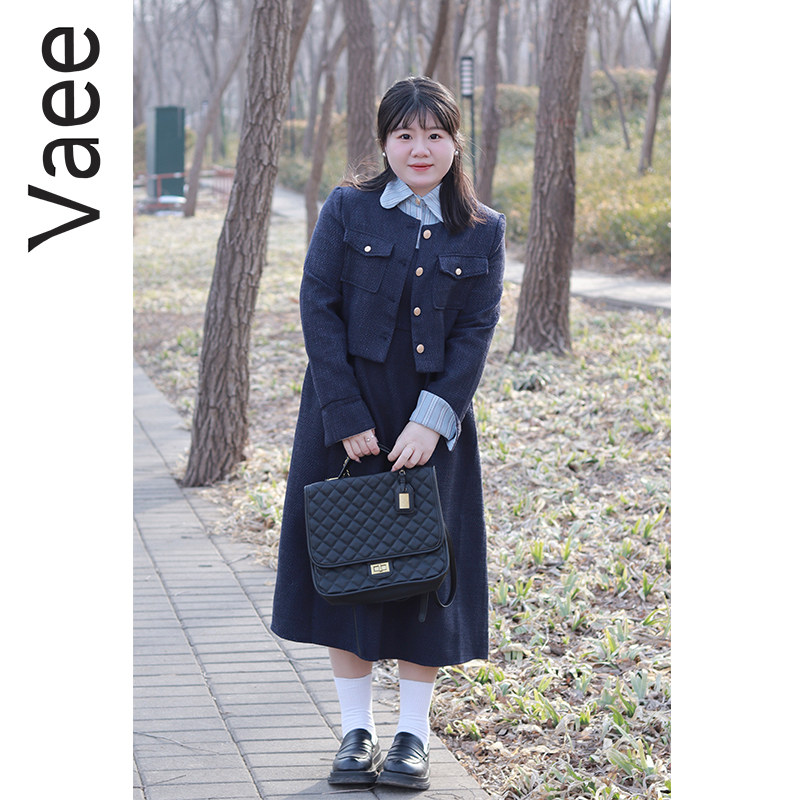 Vaee大码女装小香风套装春季胖mm长袖短外套气质衬衫假两件连衣裙