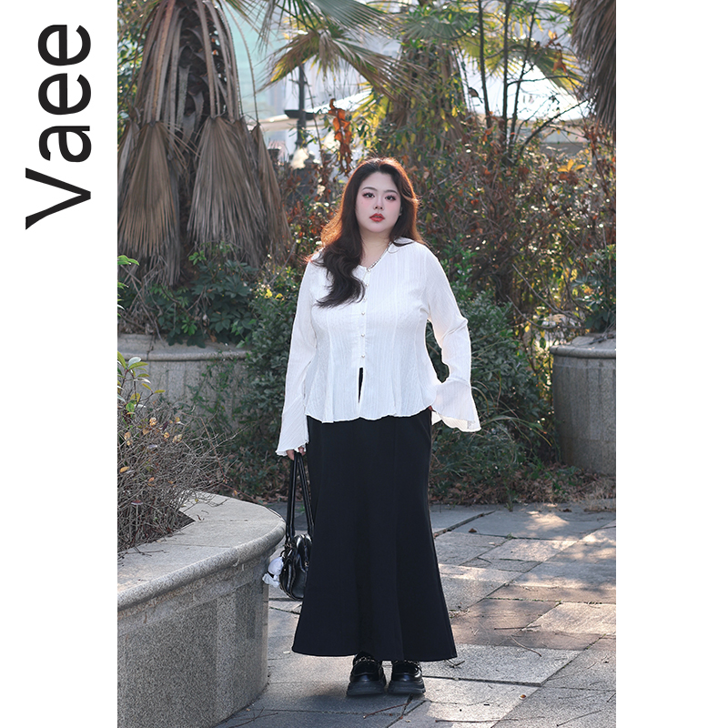 Vaee大码女装马蹄袖衬衫春季新款胖mm收腰鱼尾下摆气质长袖上衣