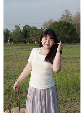 Vaee大码女装修身收腰显瘦短袖T恤2025夏季新款纯欲风U领正肩上衣