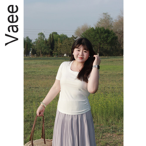 Vaee大码女装修身收腰显瘦短袖T恤2025夏季新款纯欲风U领正肩上衣