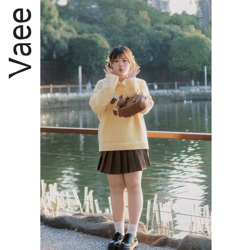 Vaee大码女装小羊提花圆领套头毛衣秋冬胖mm宽松显瘦百搭长袖针织