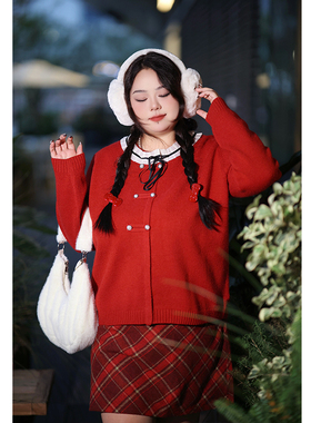 Vaee大码女装安哥拉红色宽松套头针织衫上衣秋季新款软糯圆领毛衣