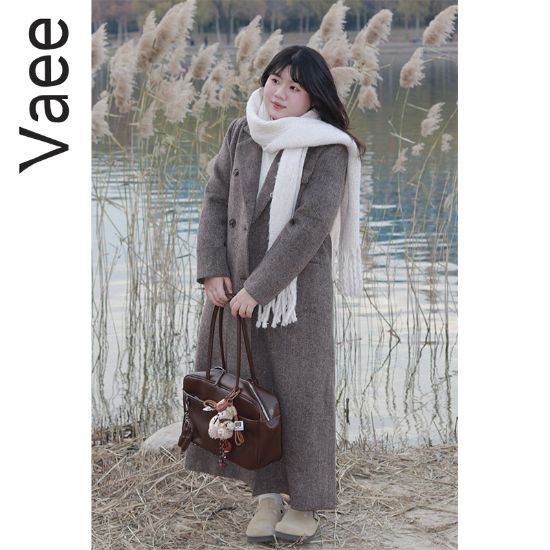 Vaee大码女装复古暗纹加厚呢大衣冬季胖mm气质宽松直筒西装领外套