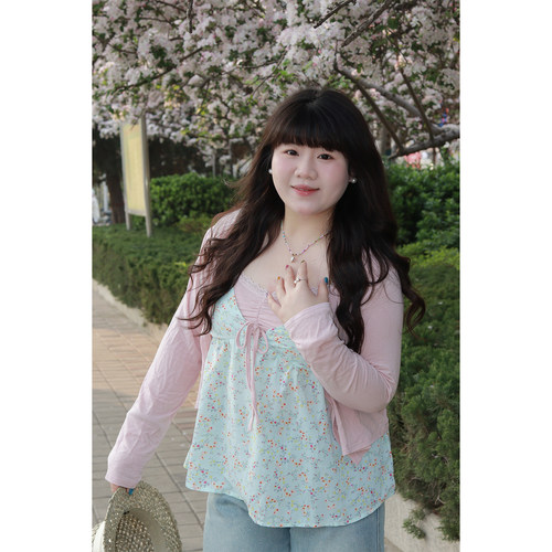 Vaee大码女装纯欲风套装假两件V领碎花吊带背心气质长袖防晒开衫