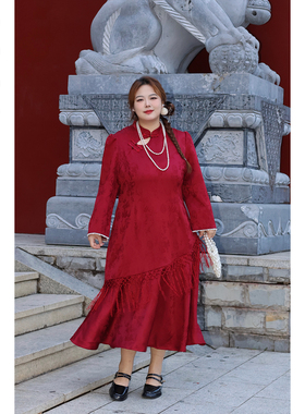 Vaee大码女装新中式改良版鱼尾旗袍气质流苏缎面提花连衣裙长裙