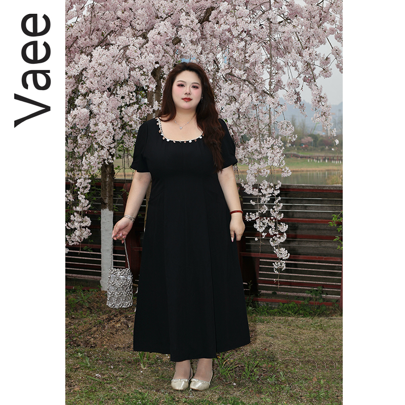 Vaee大码女装重工亮片方领收腰连衣裙夏季胖mm黑色气质大摆裙长裙