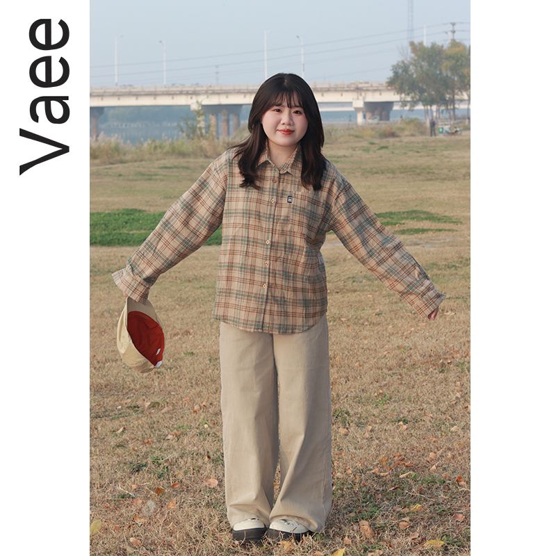 Vaee大码女装水洗棉宽松版型阔腿裤秋冬胖mm气质百搭直筒拖地裤