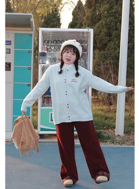 Vaee大码女装宽松百搭圆领针织开衫冬季胖mm气质慵懒显瘦毛衣外套