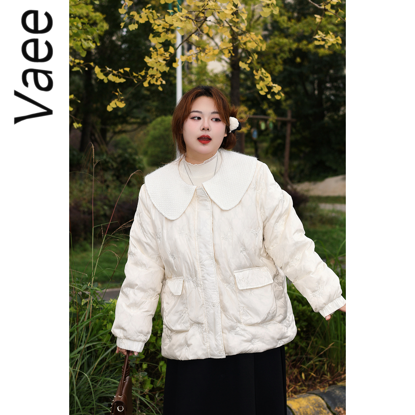 Vaee大码女装刺绣小香风气质宽松外套冬季新款气质百搭保暖羽绒服