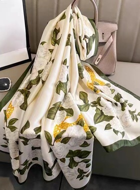 新款栀子花丽锦缎长巾披肩围巾女
