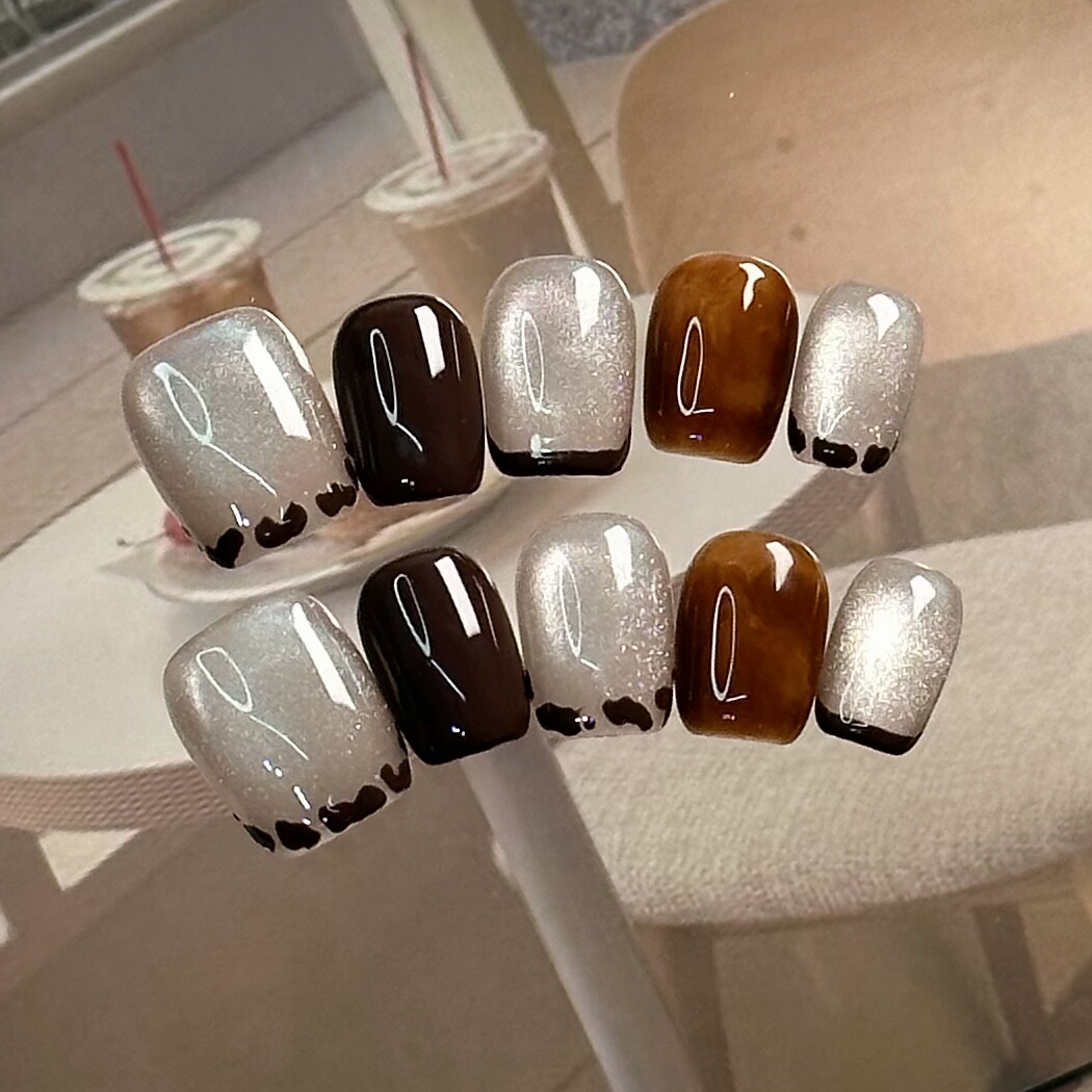 纯手工穿戴甲玻璃珠猫眼彩绘法式成品美甲假指甲贴片