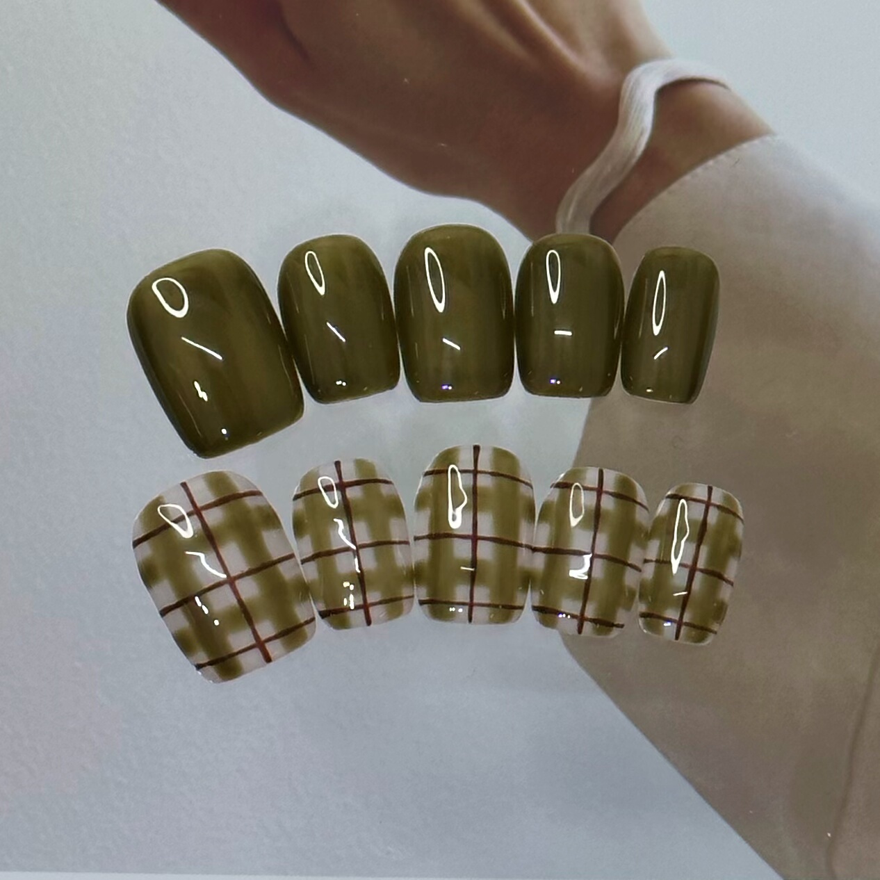 纯手工穿戴甲彩绘格子成品美甲假指甲贴片
