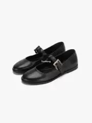 Erd25Ss Black Calfskin Rose Silver Buckle Mary Jane Ballet Shoes Round Toe Versatile Soft Leather Work Shoes