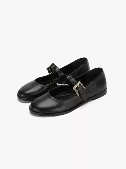 Erd25Ss Black Calfskin Rose Silver Buckle Mary Jane Ballet Shoes Round Toe Versatile Soft Leather Work Shoes