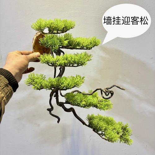 新中式玄关壁挂实木根仿真迎客松