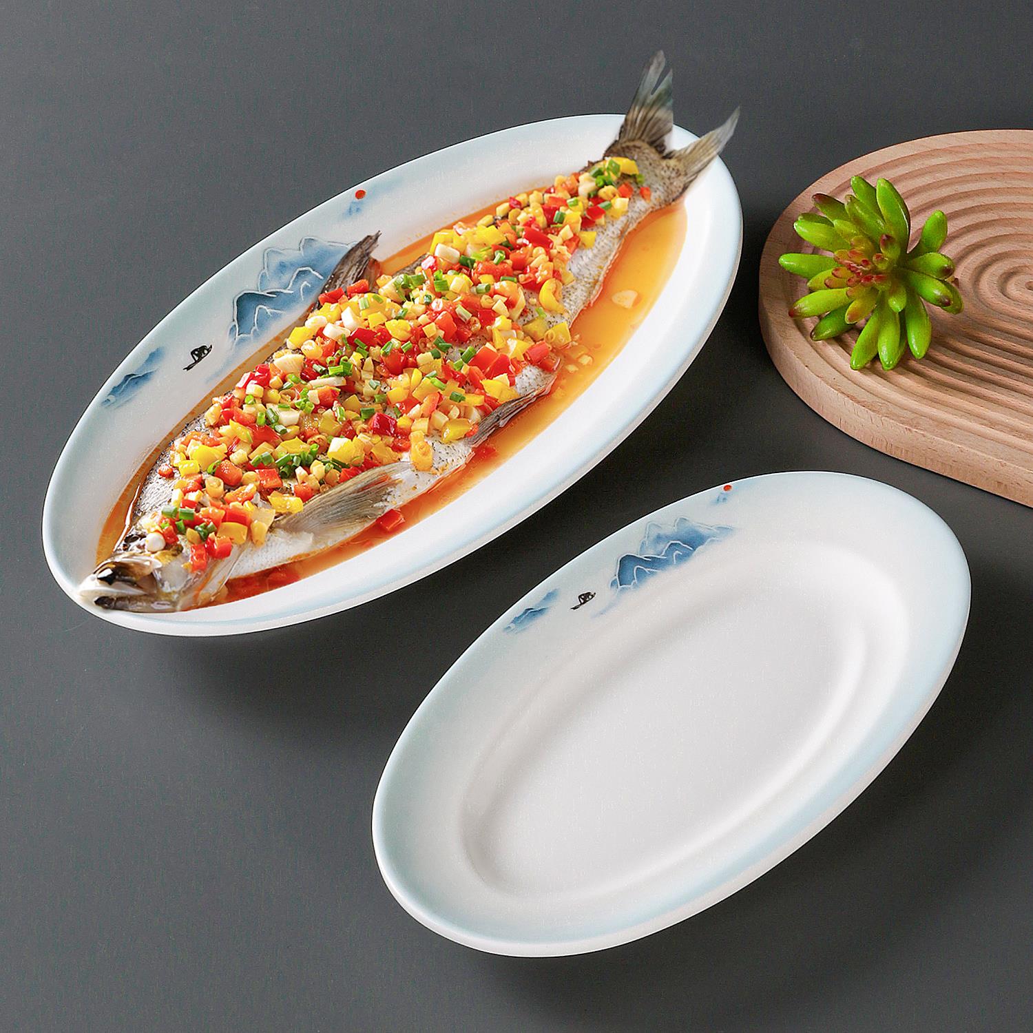 餐具酒店饭店专用盘子密胺鱼盘瓷菜盘商用汤盘椭圆形盘餐盘